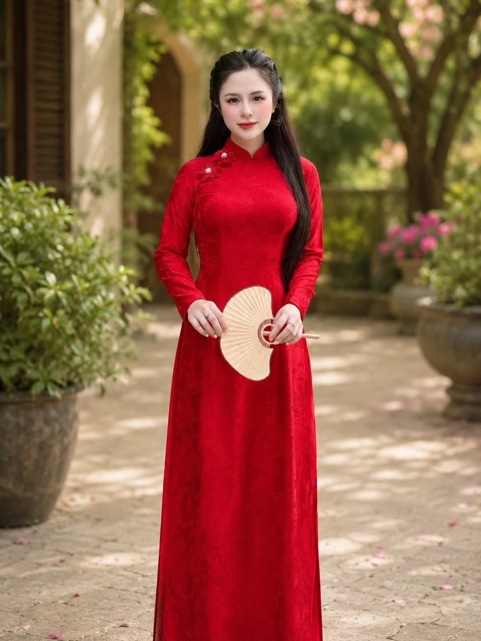 5D Silk Ao Dai Set – Crimson Red