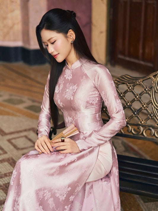 Brocade Silk Ao Dai Set – Soft Pink