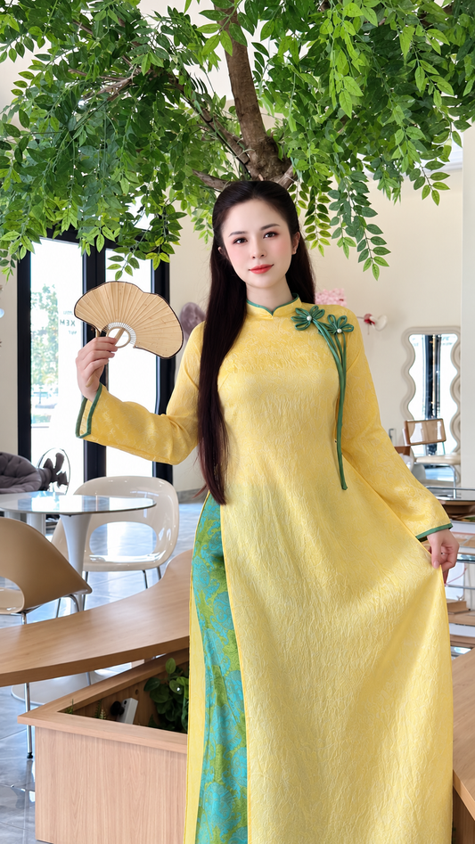 Modern Tencel Silk Áo Dài – Yellow and Green pants
