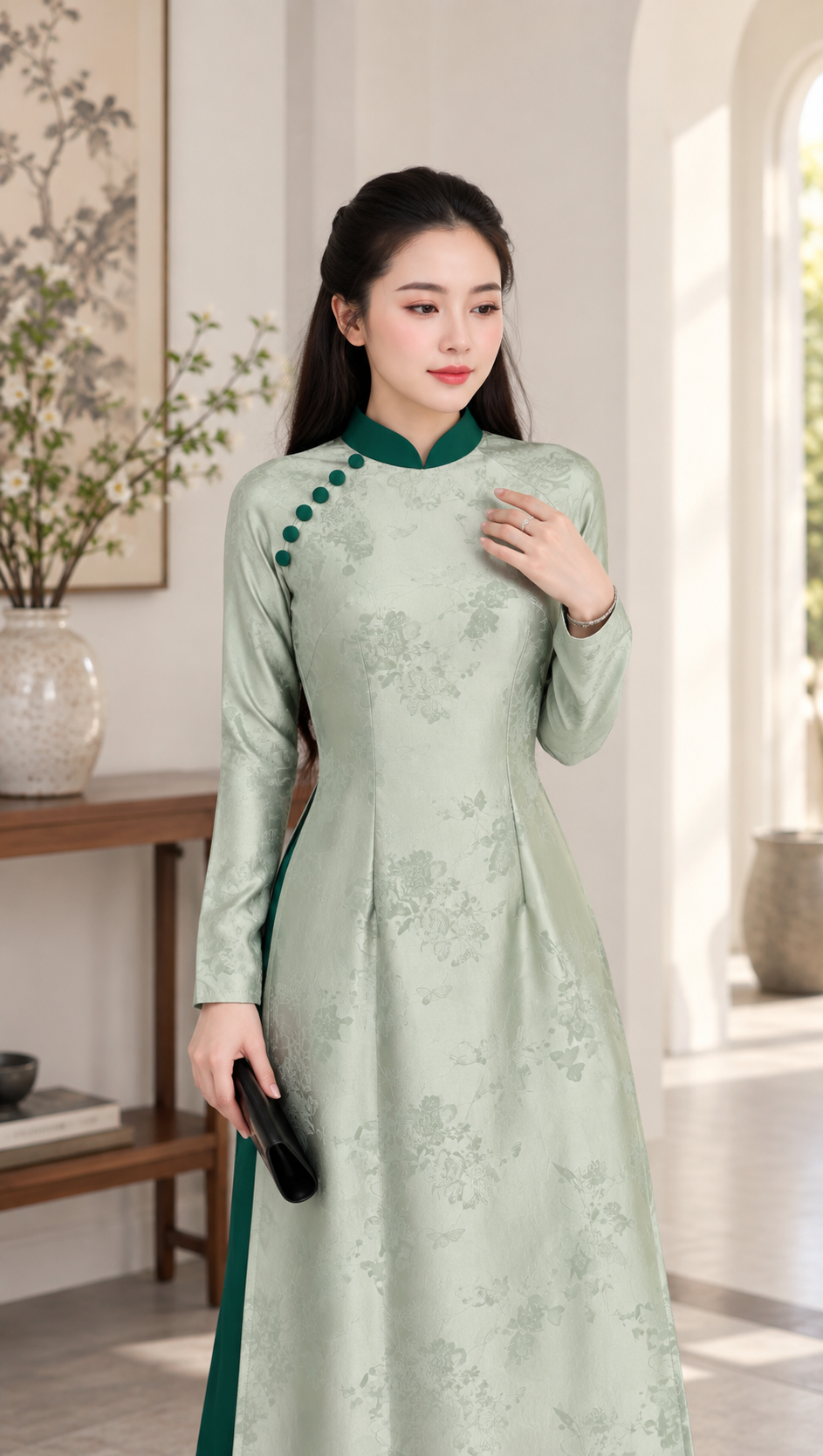 Traditional 5D Silk Áo Dài – Mint Green