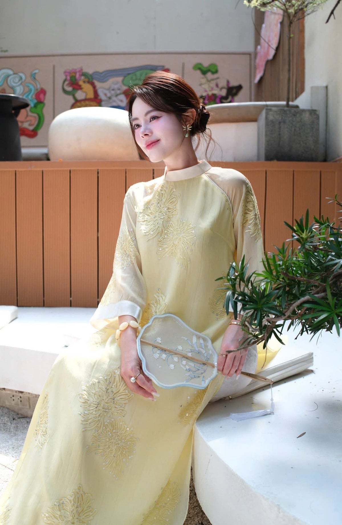 Modern 4-panel Silk Ao Dai - Yellow- Green Pastel