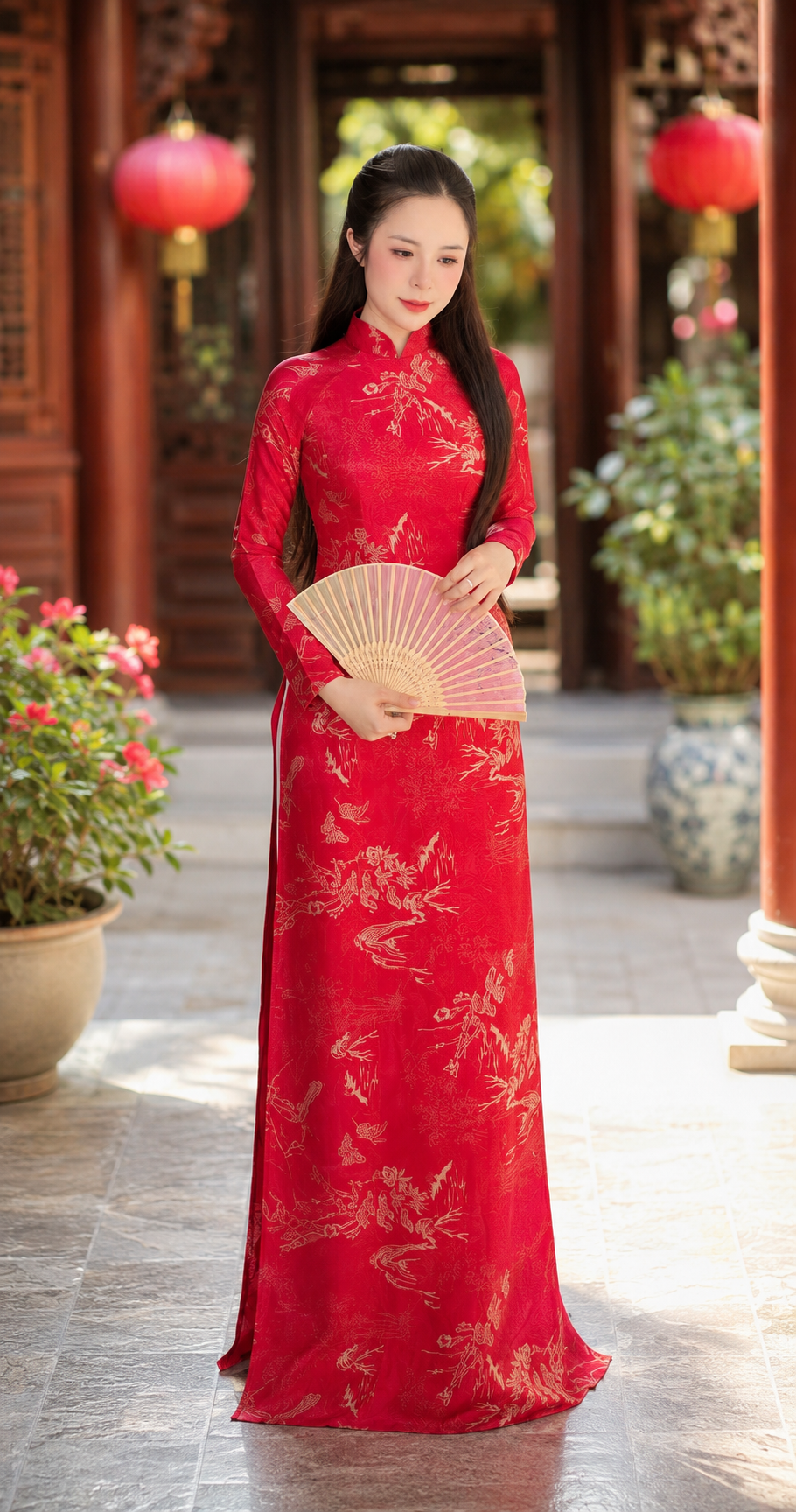 Traditional Dubai Silk Áo Dài – Red