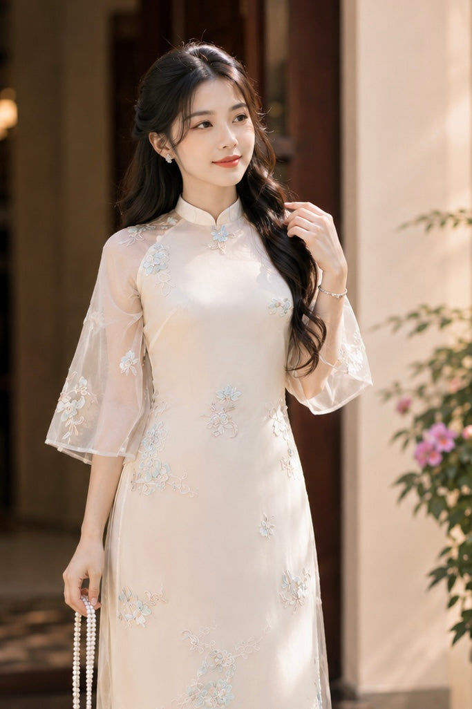 Modern Floral Silk Áo Dài - Cream