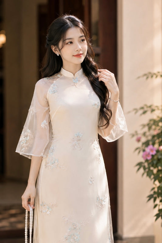 Modern Floral Silk Áo Dài - Cream