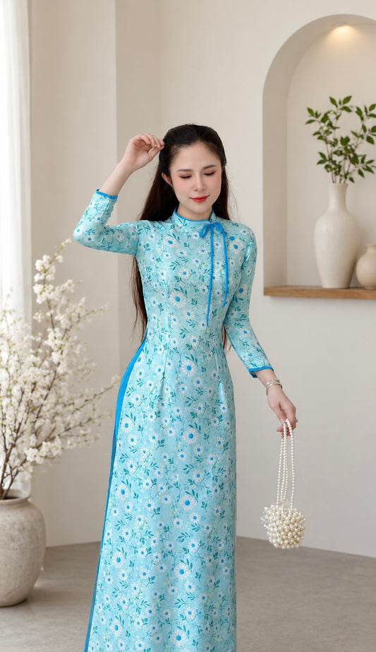 Traditional Silk Ao Dai Asymmetric Collar - Blue