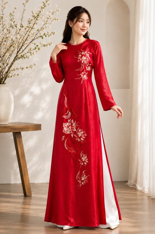 Traditional Valentino Floral Embroidered Áo Dài - Red