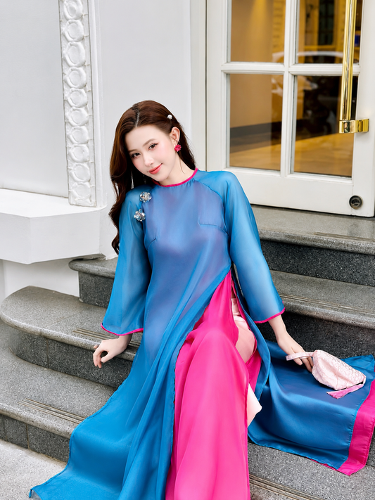 Modern 4-panel silk Ao Dai - Blue & Lotus Pink