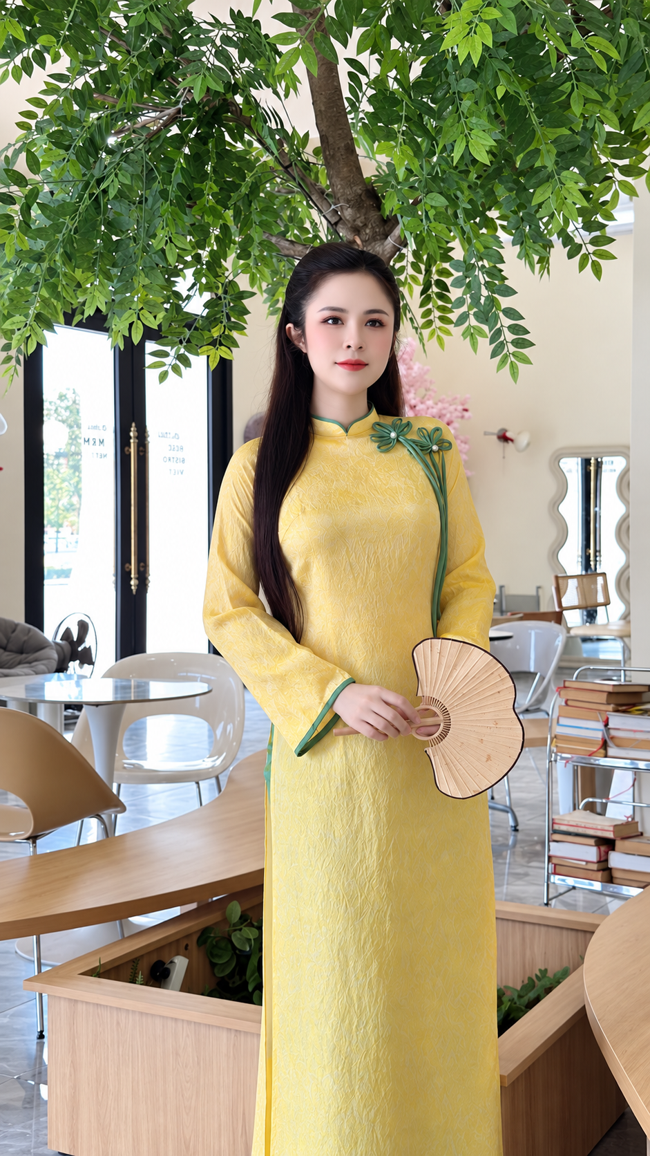 Modern Tencel Silk Áo Dài – Yellow and Green pants