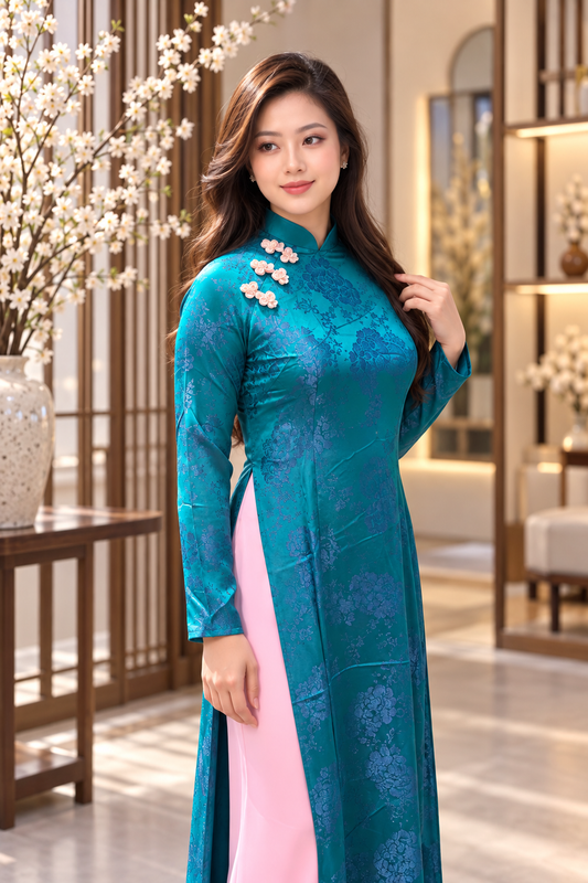 Traditional Hà Nam Silk Áo Dài – Peacock with pink pants