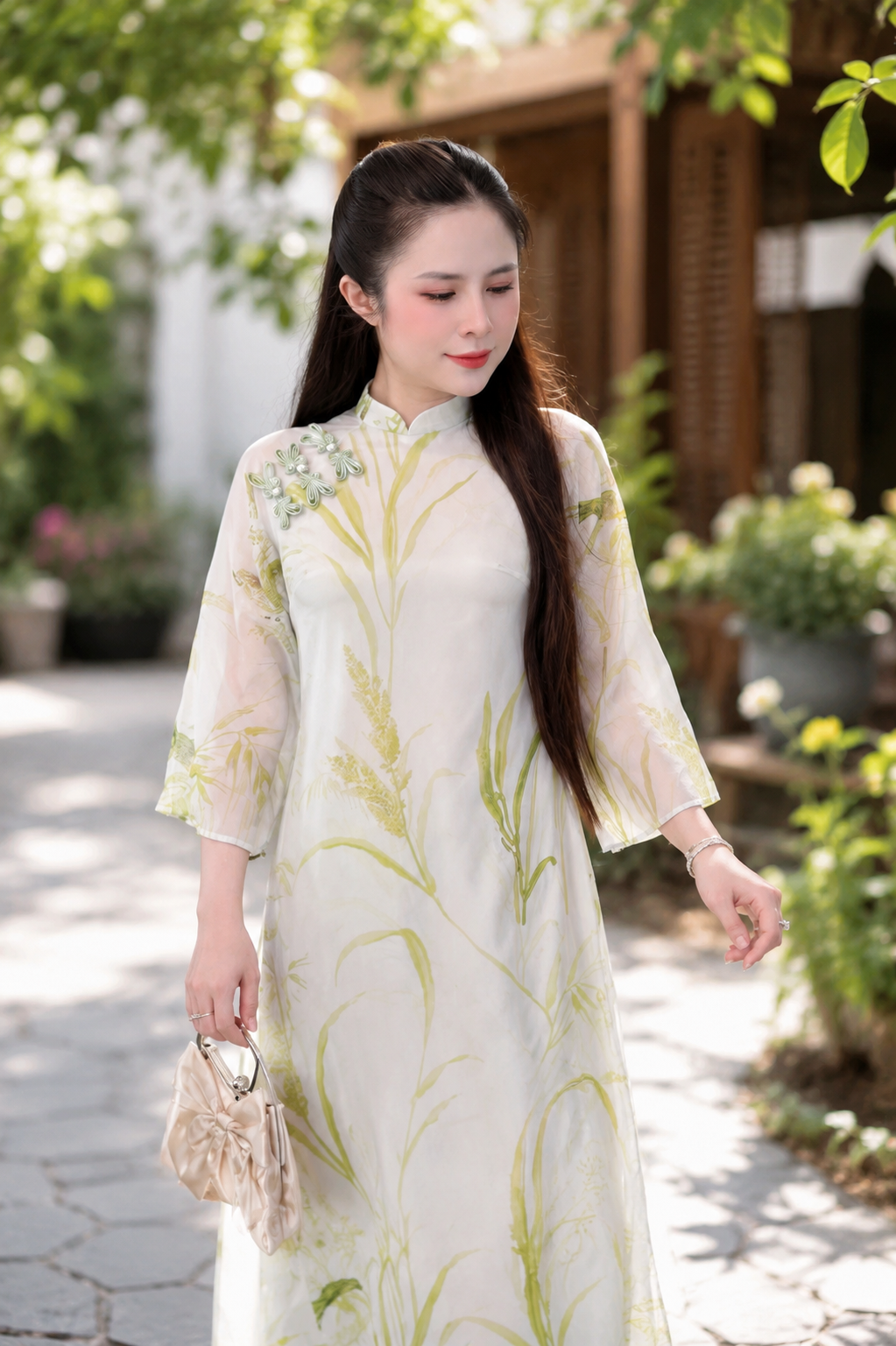Modern 4-Panel Ao Dai - Ivory Green