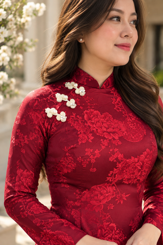 Traditional Ha Nam Silk Áo Dài – Deep Burgundy Red