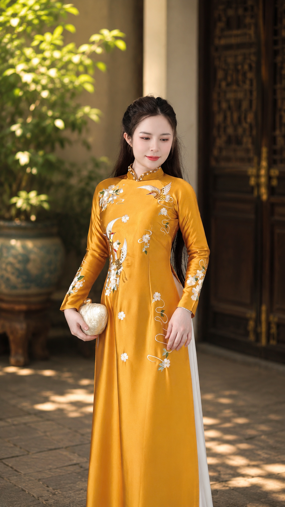 Sleeve-Embroidered Crepe Ao Dai Set – Dusty Rose