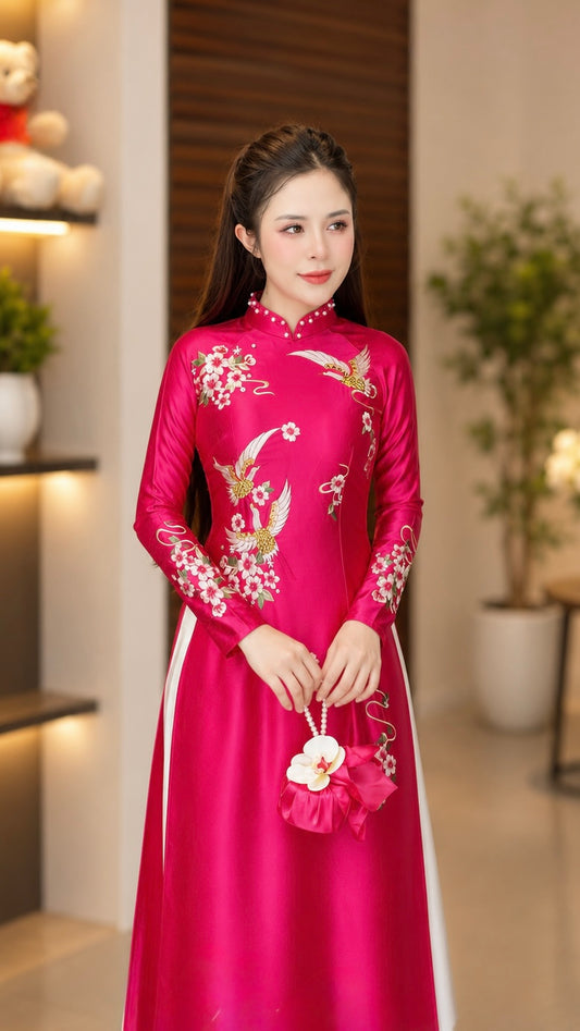 Sleeve-Embroidered Crepe Ao Dai Set – Dusty Rose