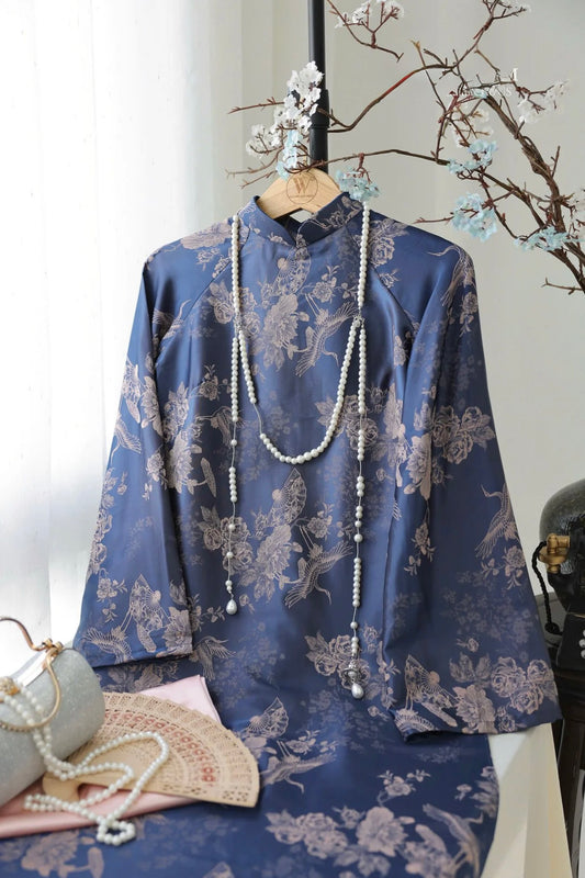 Modern Brocade Silk Áo Dài - Navy Blue