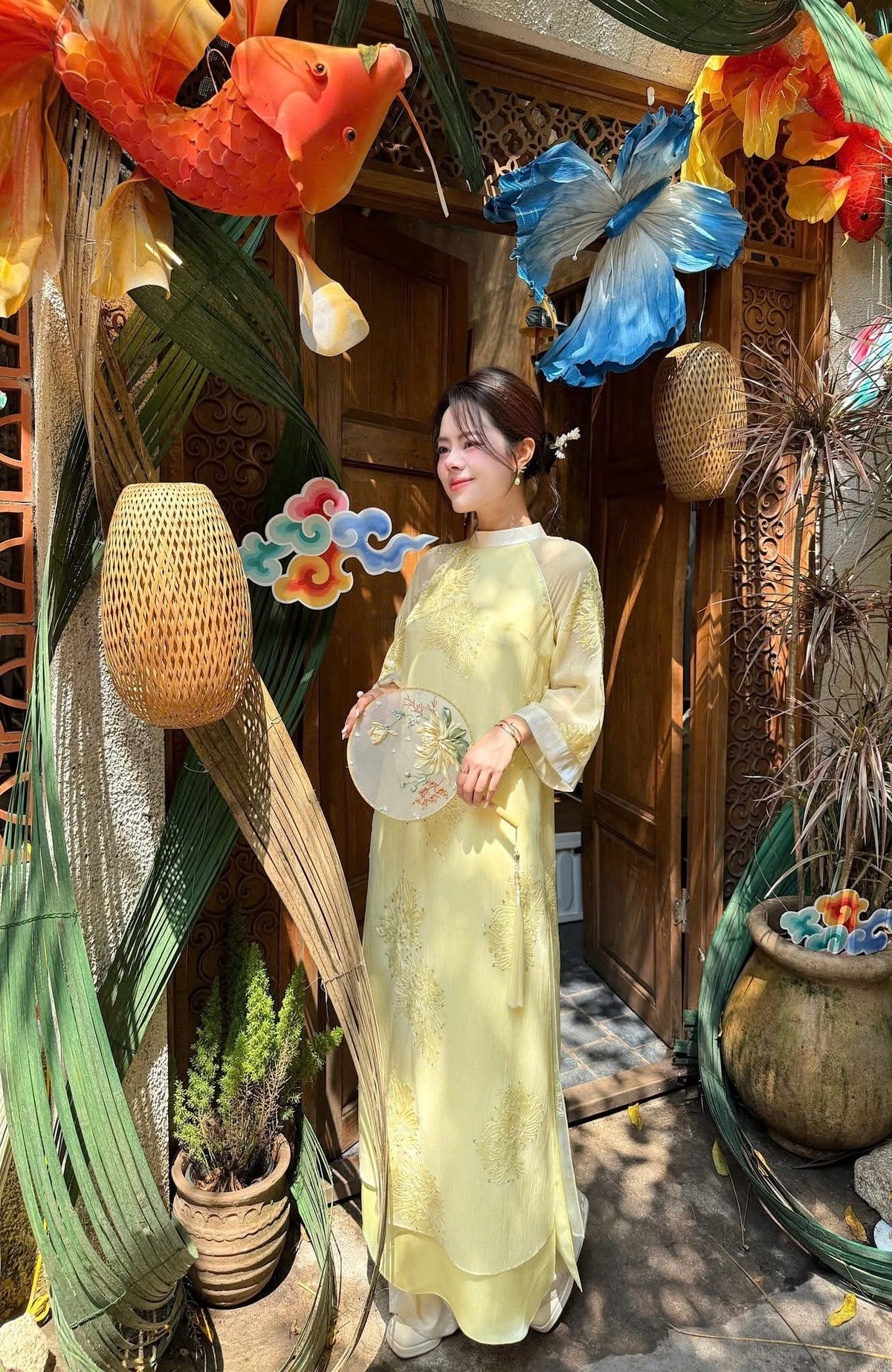 Modern 4-panel Silk Ao Dai - Yellow- Green Pastel