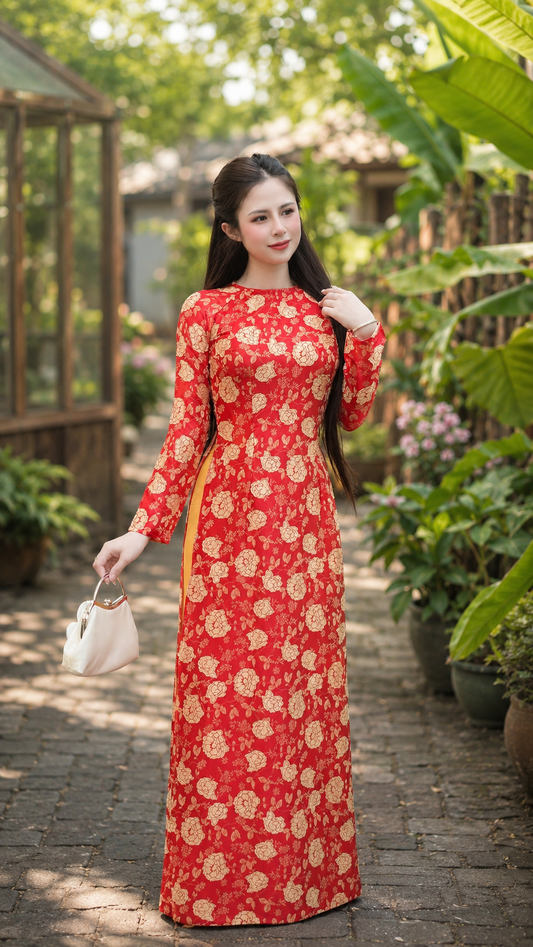 Traditional Floral Textured Silk Áo Dài – Red & Gold