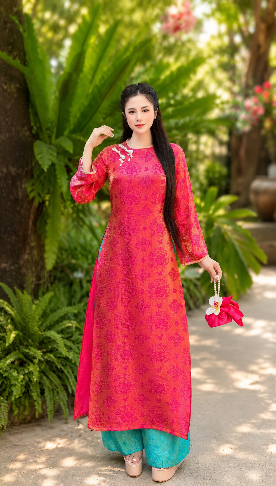 Modern Tencel áo dài - Lotus Pink Green Pants