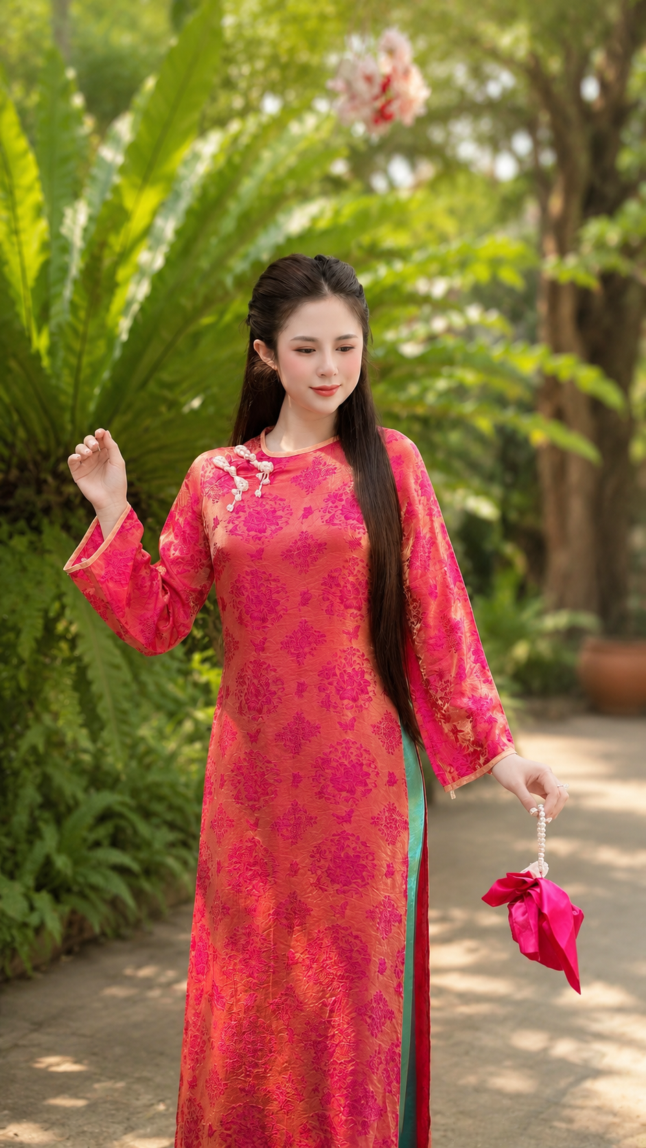 Modern Tencel áo dài - Lotus Pink Green Pants