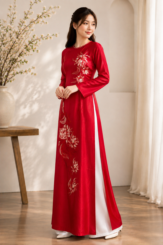 Traditional Valentino Floral Embroidered Áo Dài - Red