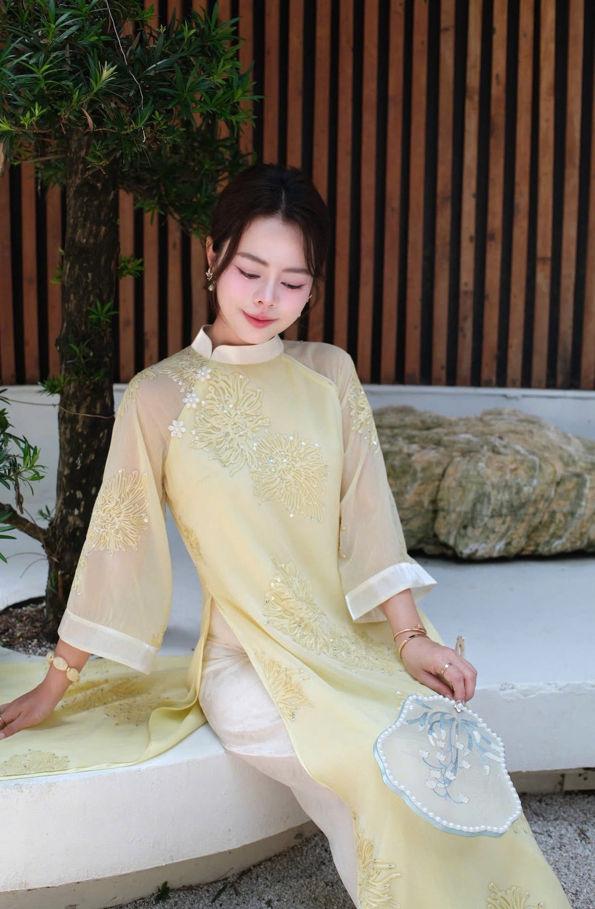 Modern 4-panel Silk Ao Dai - Yellow- Green Pastel