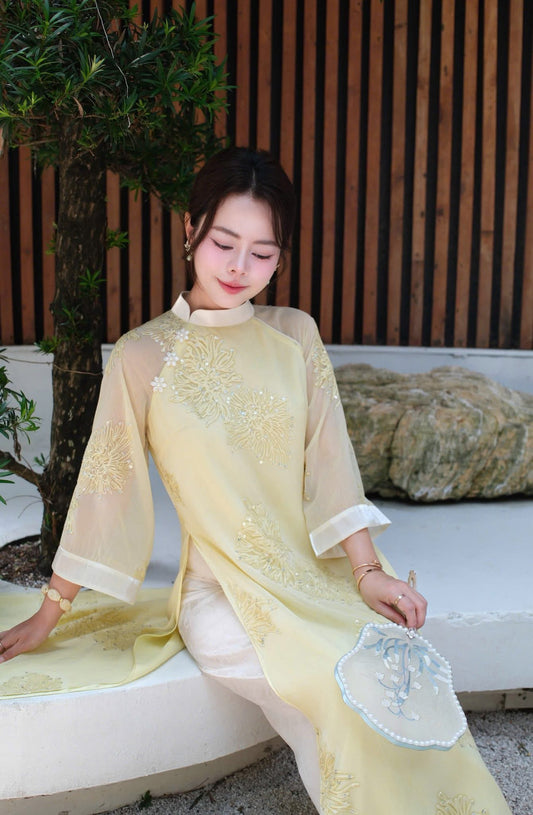 Modern 4-panel Silk Ao Dai - Yellow- Green Pastel