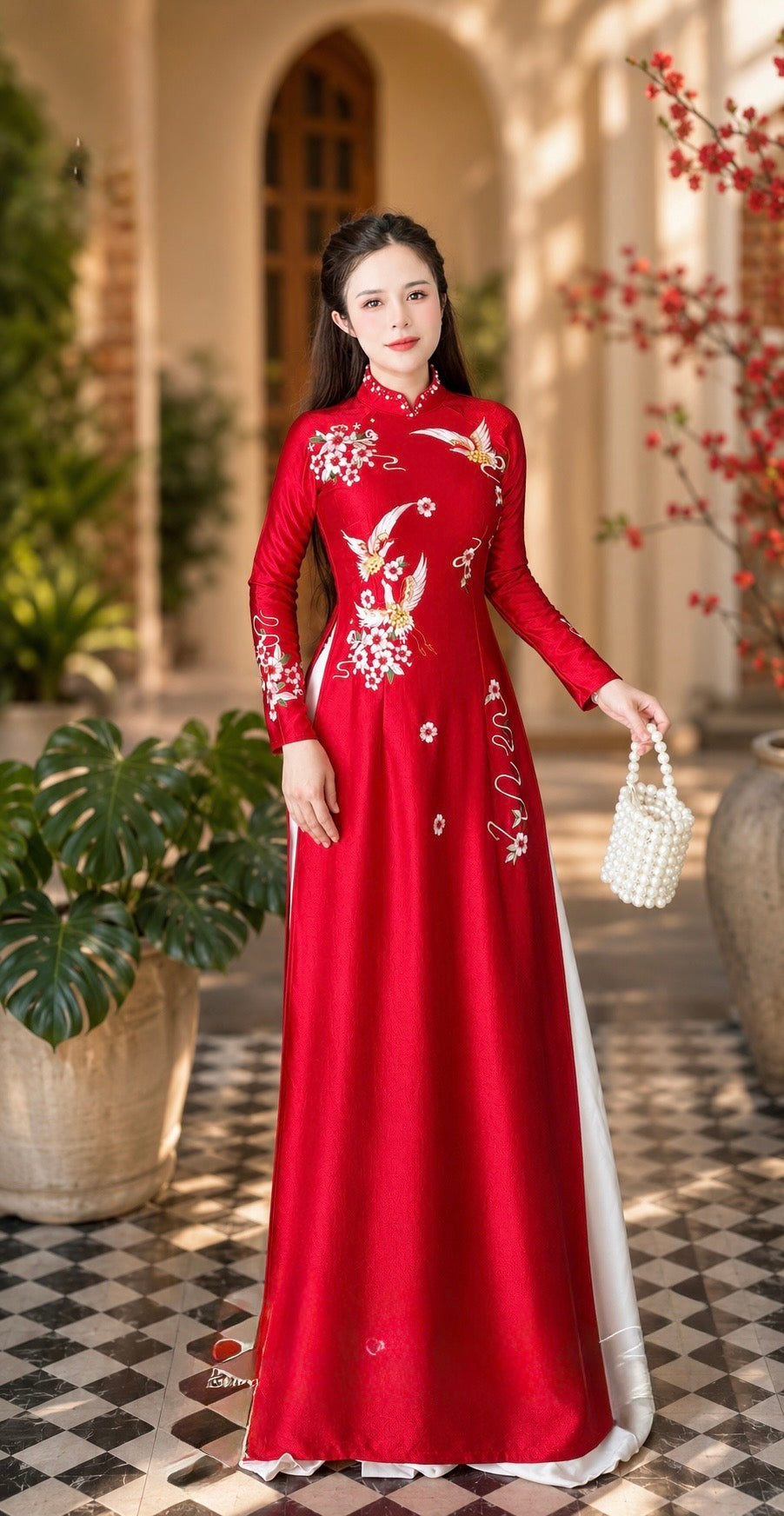 Sleeve-Embroidered Crepe Ao Dai Set – Dusty Rose