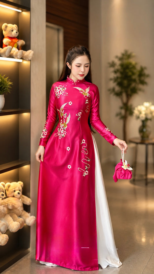 Sleeve-Embroidered Crepe Ao Dai Set – Dusty Rose