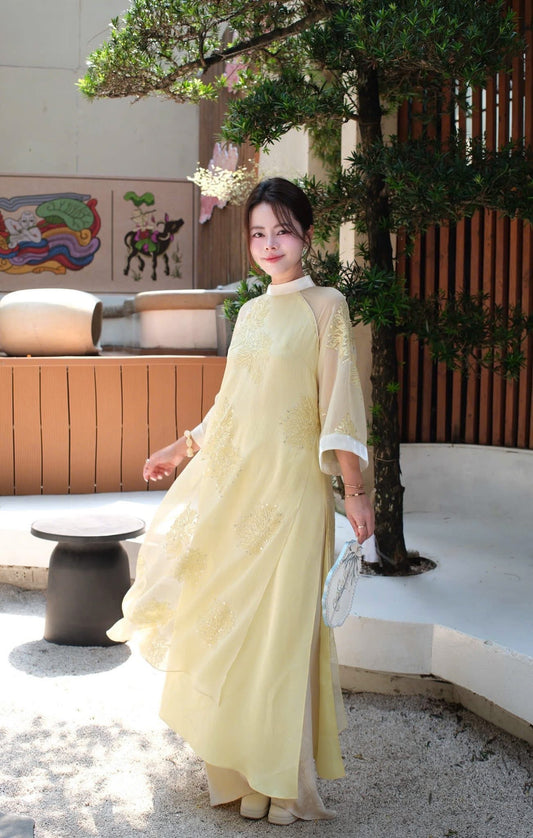Modern 4-panel Silk Ao Dai - Yellow- Green Pastel