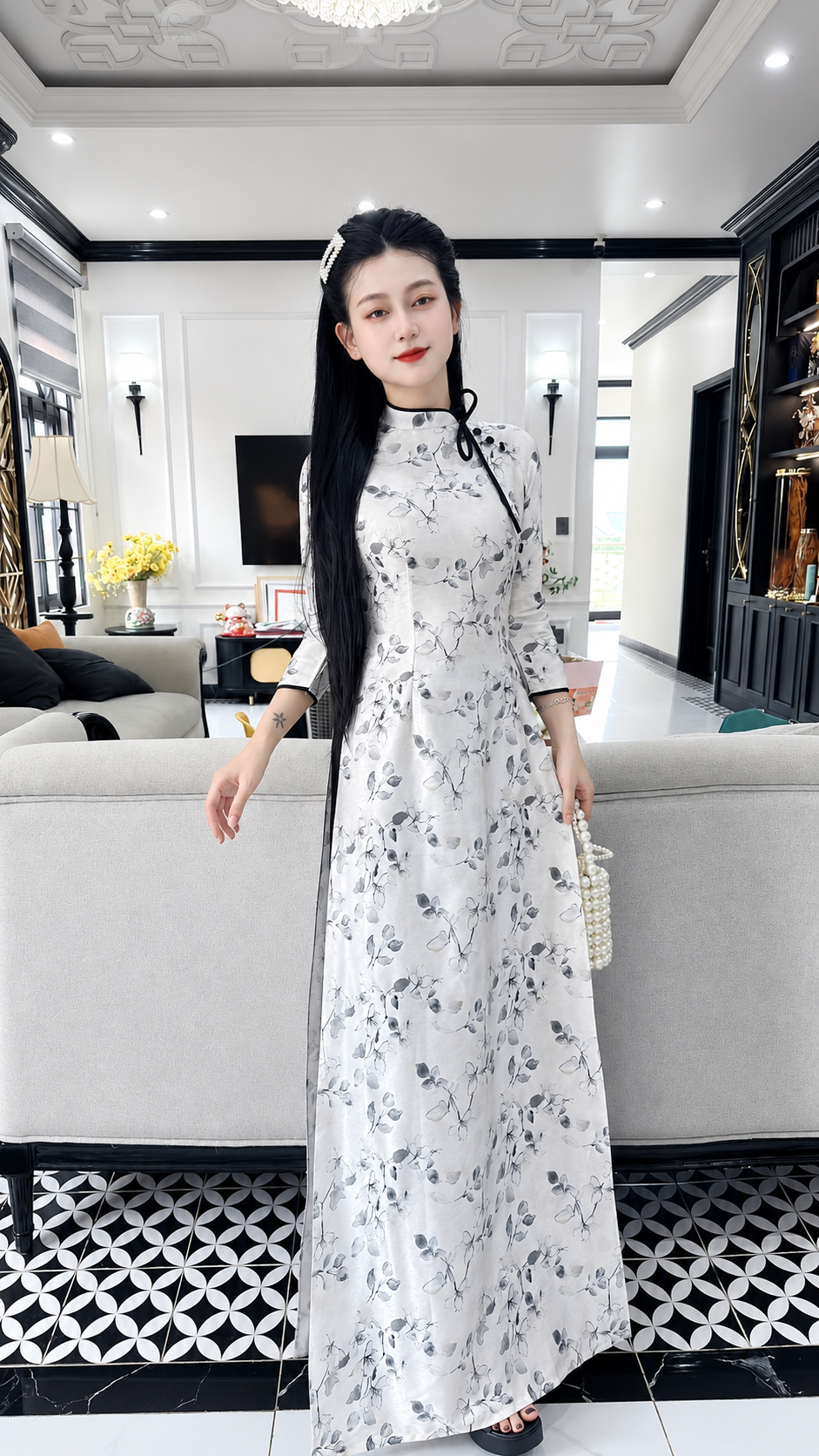 Asymmetrical Floral Mulberry Silk (Tơ Tằm) Ao Dai Set – Black & White