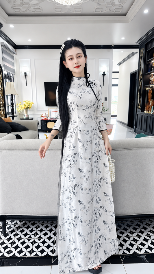 Asymmetrical Floral Mulberry Silk (Tơ Tằm) Ao Dai Set – Black & White