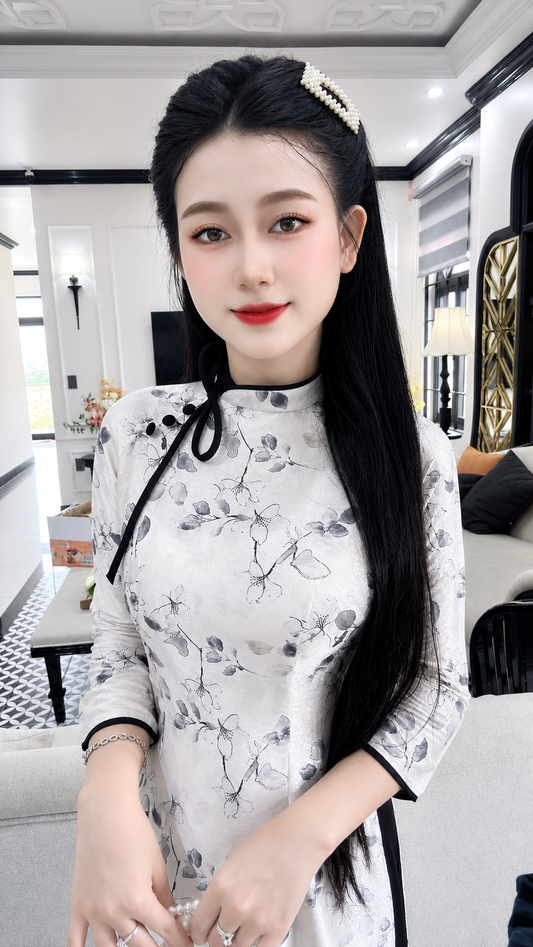 Asymmetrical Floral Mulberry Silk (Tơ Tằm) Ao Dai Set – Black & White