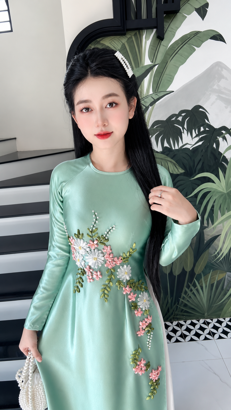 Handcrafted Ribbon Floral Embroidered Ao Dai Set – Mint Green