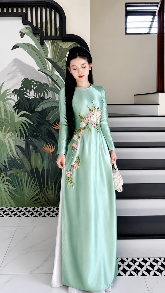 Handcrafted Ribbon Floral Embroidered Ao Dai Set – Mint Green