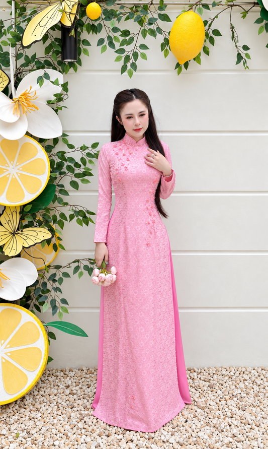 Traditonal Asymmetrical Silk Áo Dài – Blush Pink