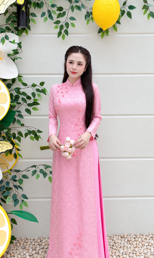 Traditonal Asymmetrical Silk Áo Dài – Blush Pink