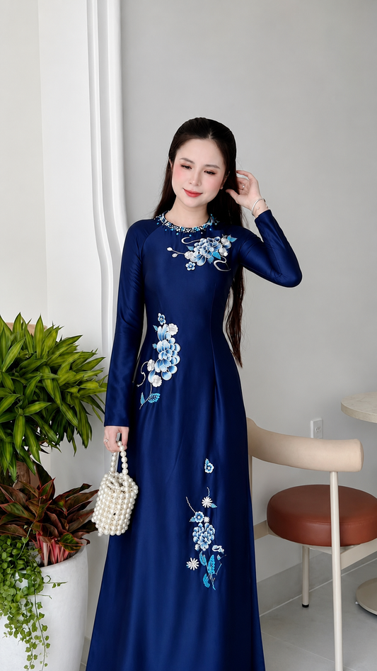 Traditional Nano Diamond Ao Dai – Navy Blue