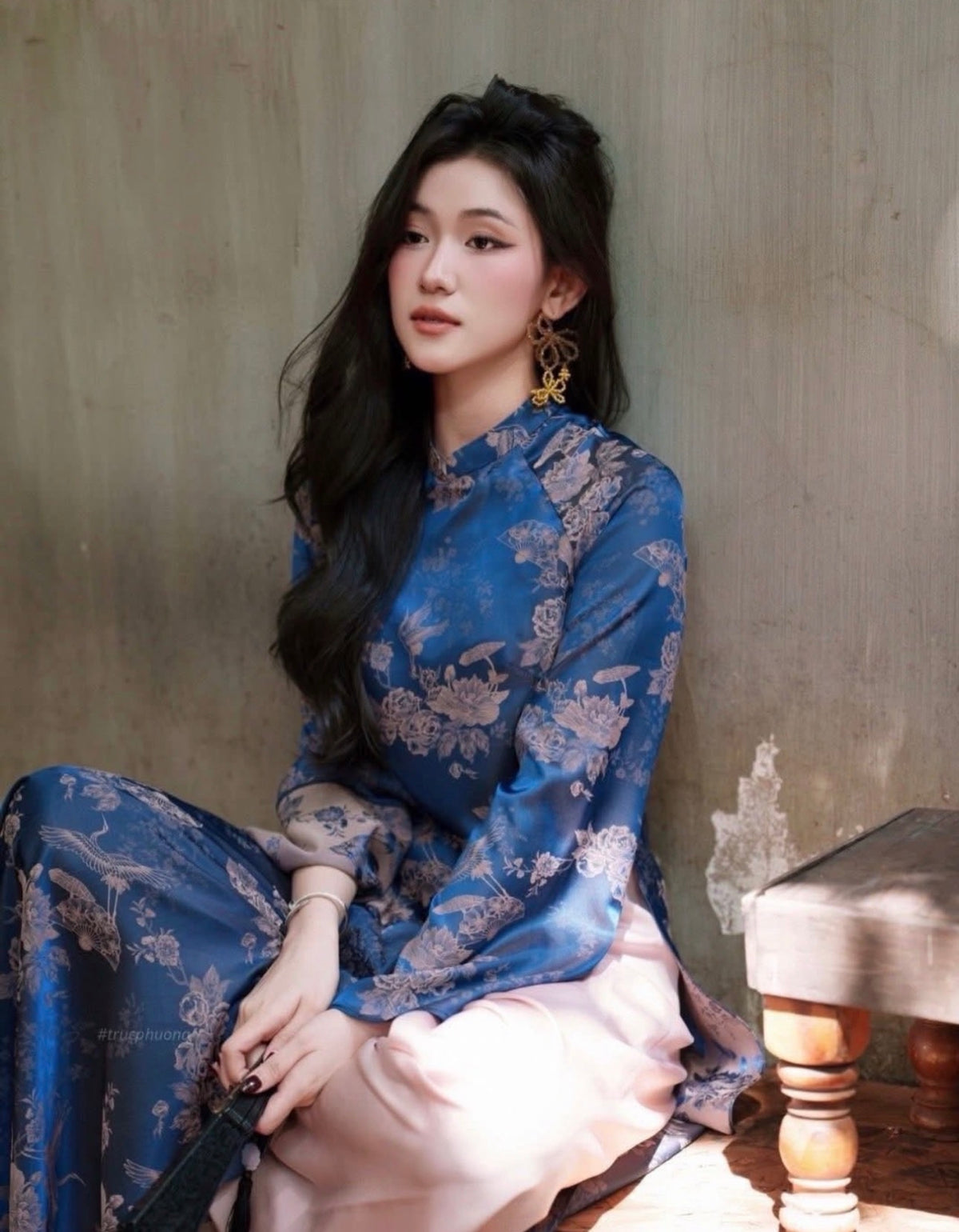 Modern Brocade Silk Áo Dài - Navy Blue