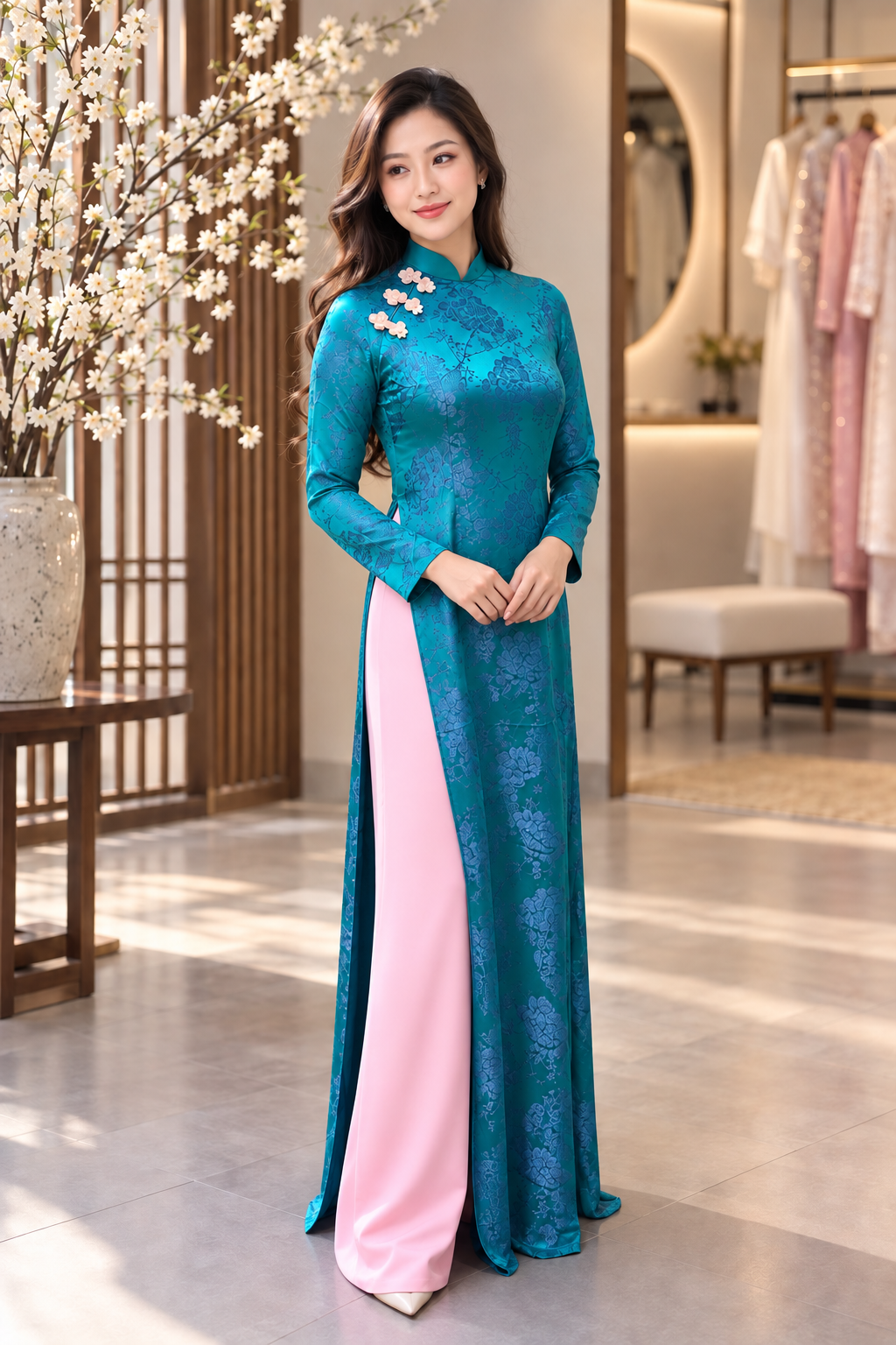 Traditional Hà Nam Silk Áo Dài – Peacock with pink pants