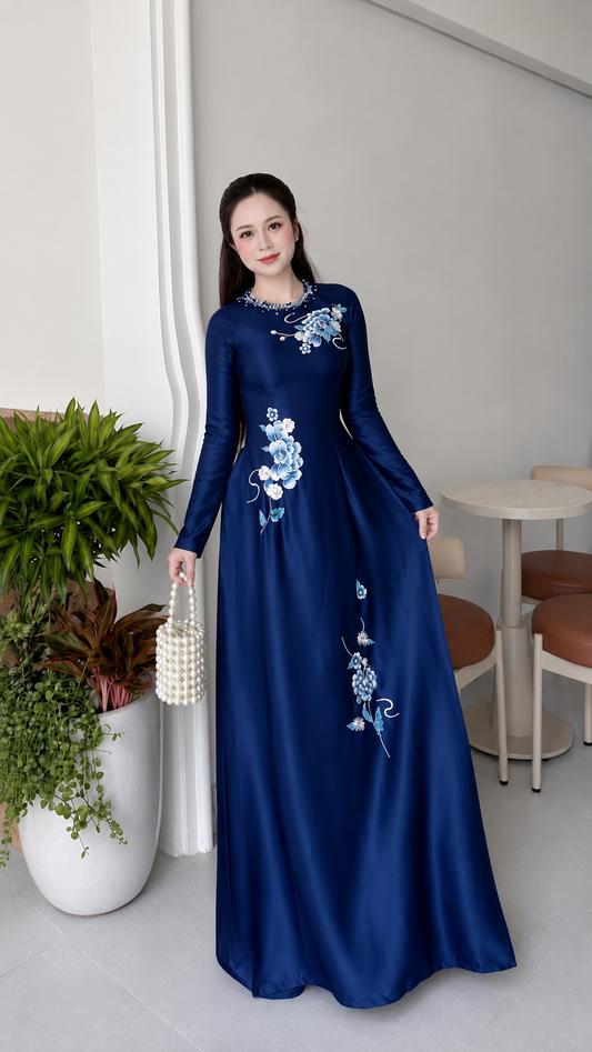 Traditional Nano Diamond Ao Dai – Navy Blue