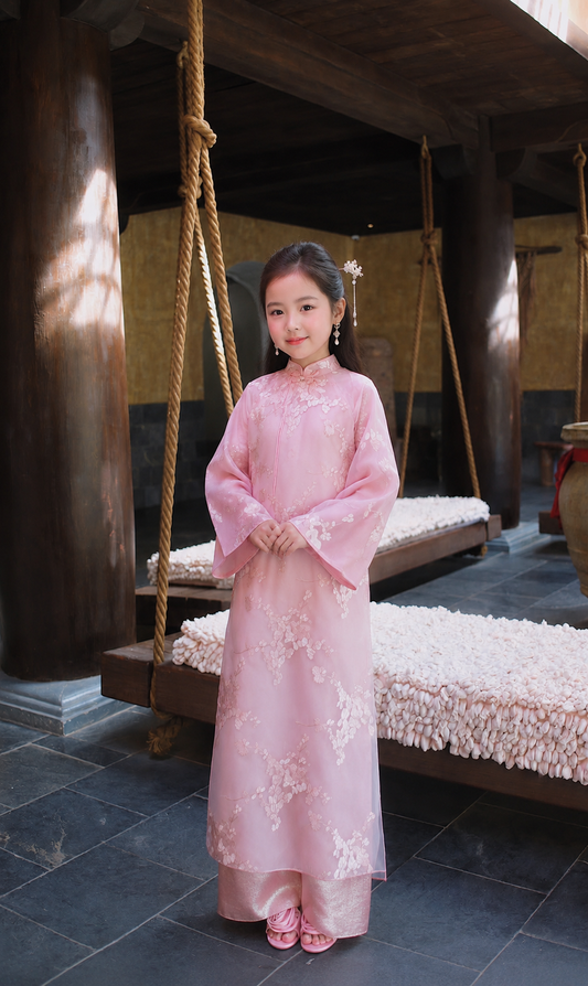 Girl’s 4 Panel Áo Dài - Pink Flower Embroidery