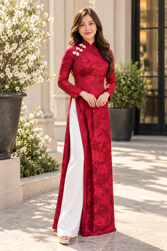 Traditional Ha Nam Silk Áo Dài – Deep Burgundy Red