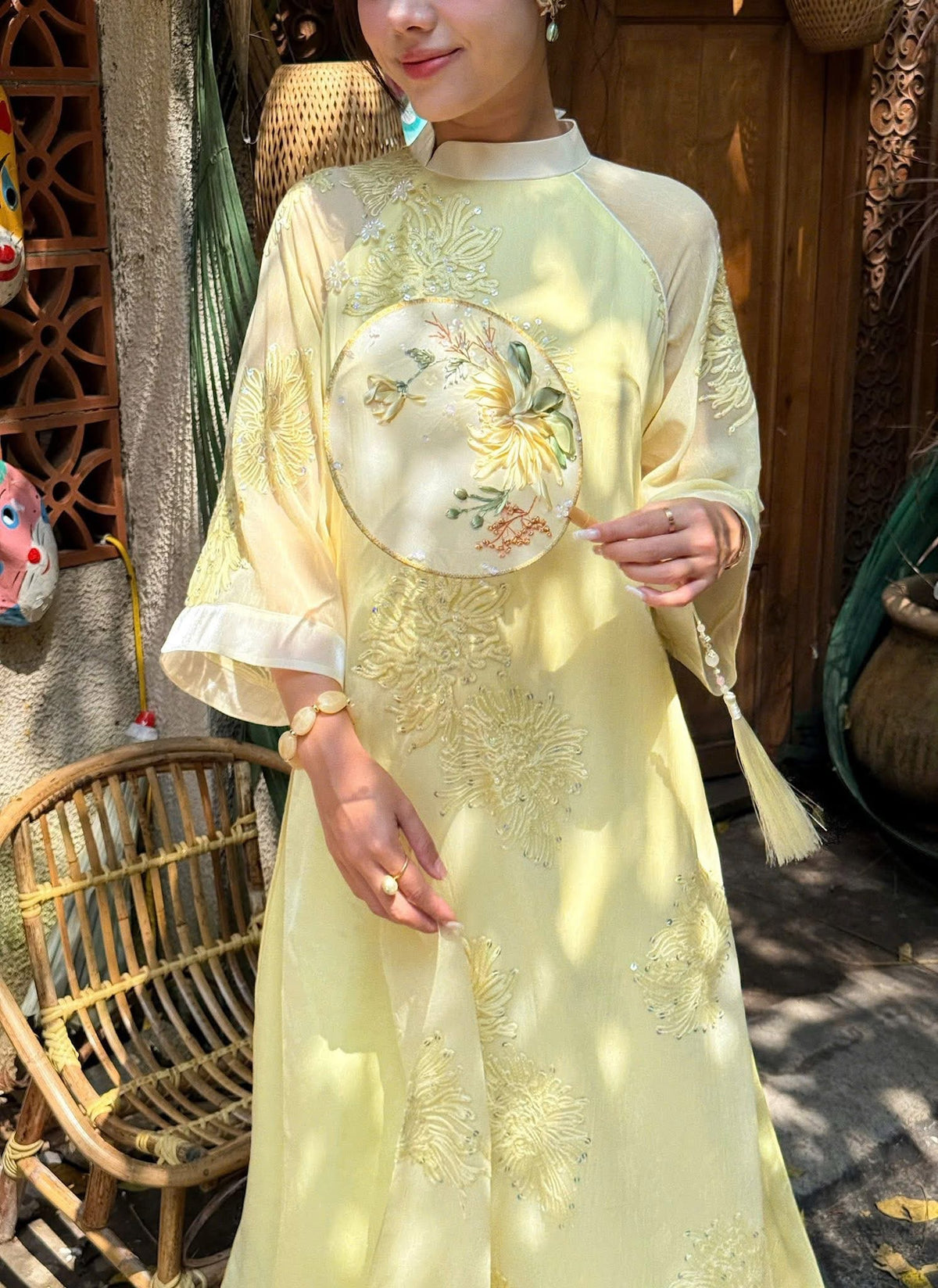 Modern 4-panel Silk Ao Dai - Yellow- Green Pastel