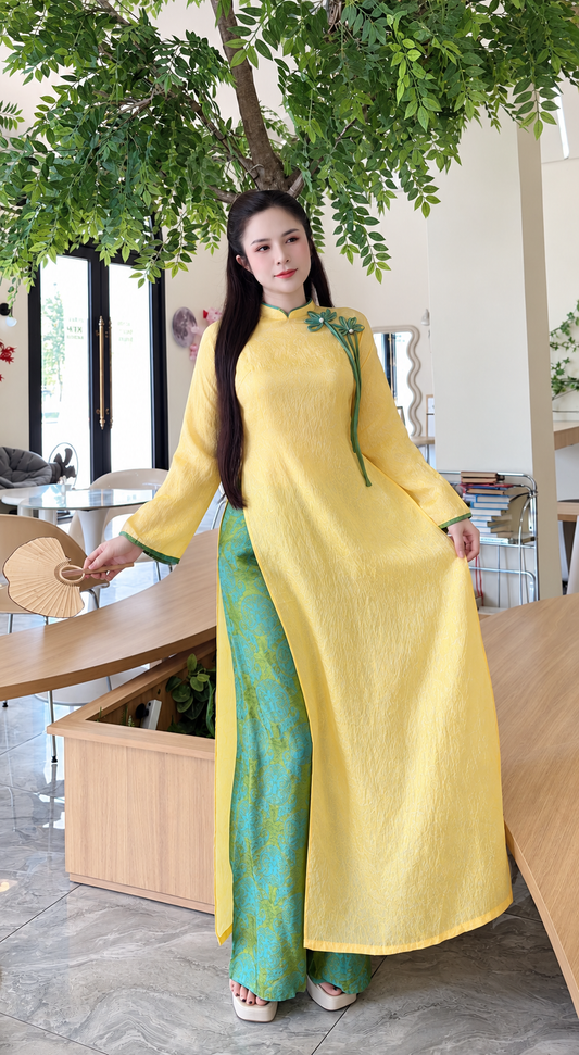 Modern Tencel Silk Áo Dài – Yellow and Green pants