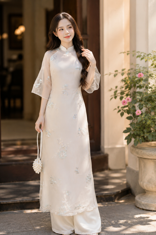 Modern Floral Silk Áo Dài - Cream