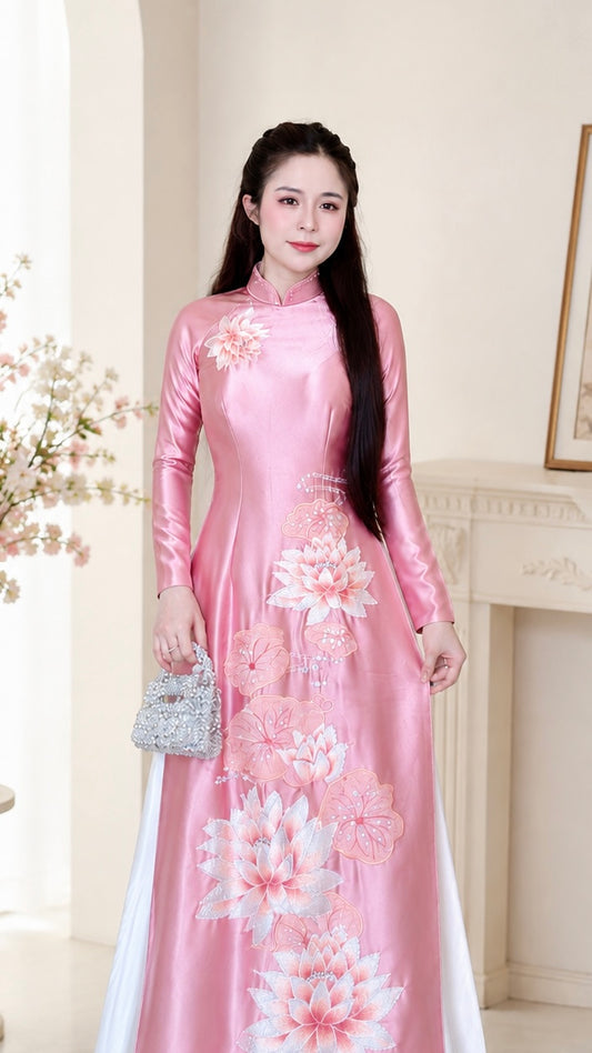 Traditional Valentino Áo Dài Lotus - soft pink