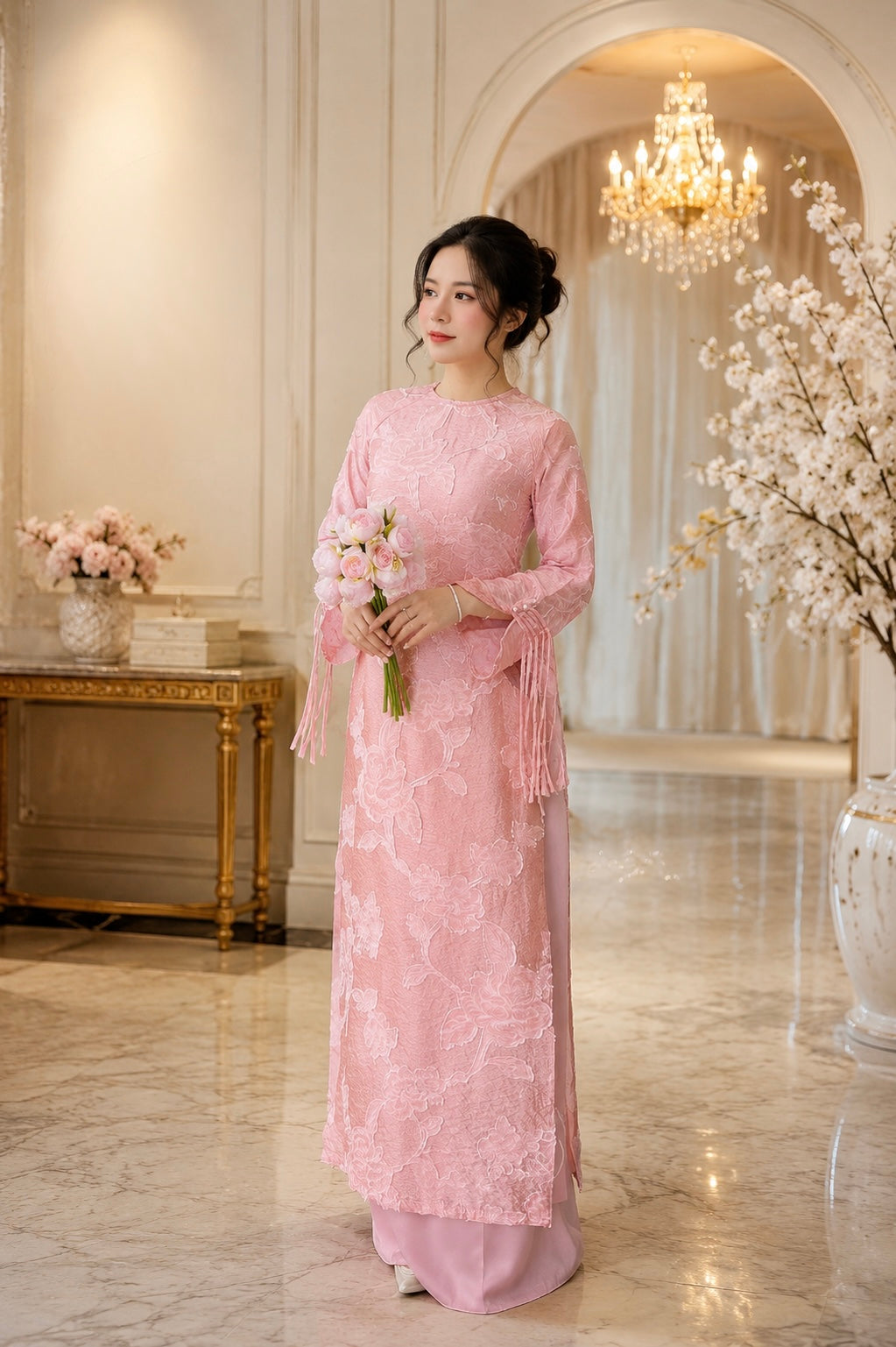 Modern Floral Fabric Áo dài - Pink