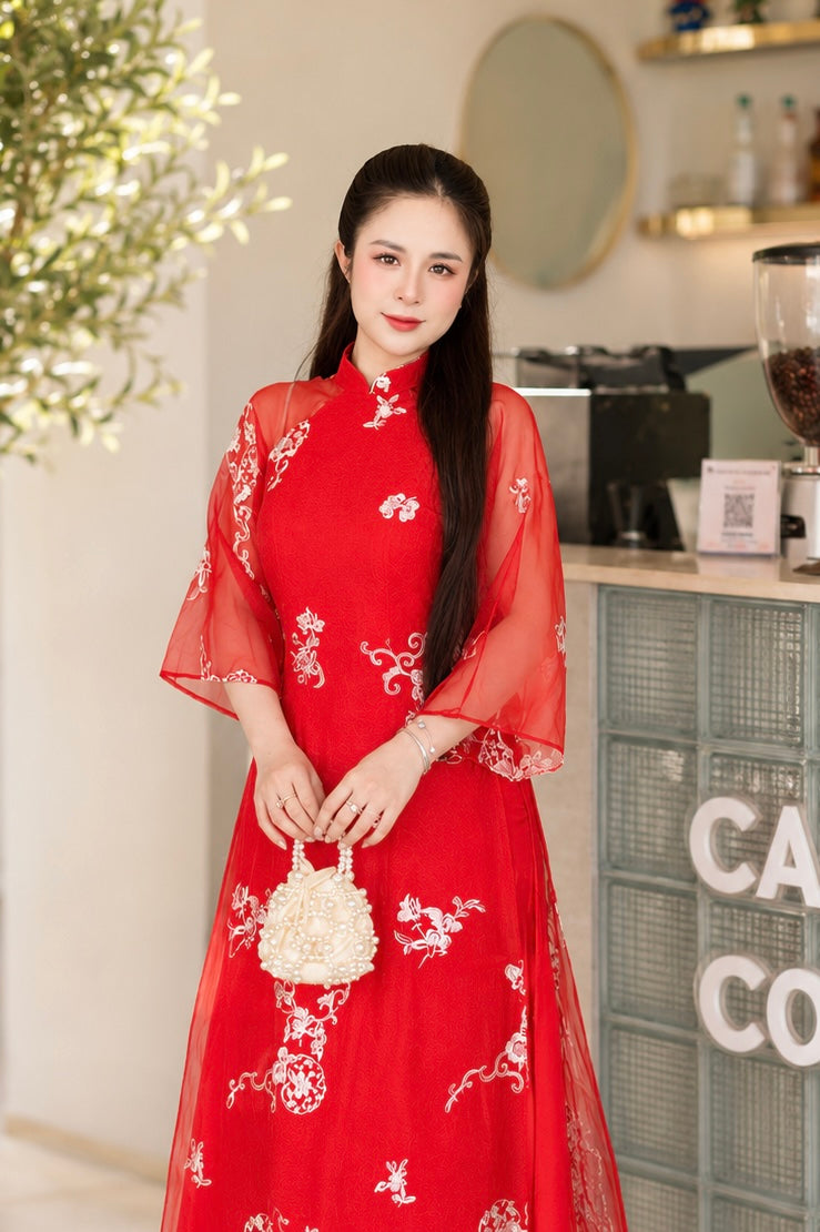 Modern Floral Silk Ao Dai Cach Tan - Red