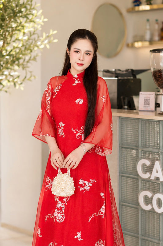 Modern Floral Silk Ao Dai Cach Tan - Red