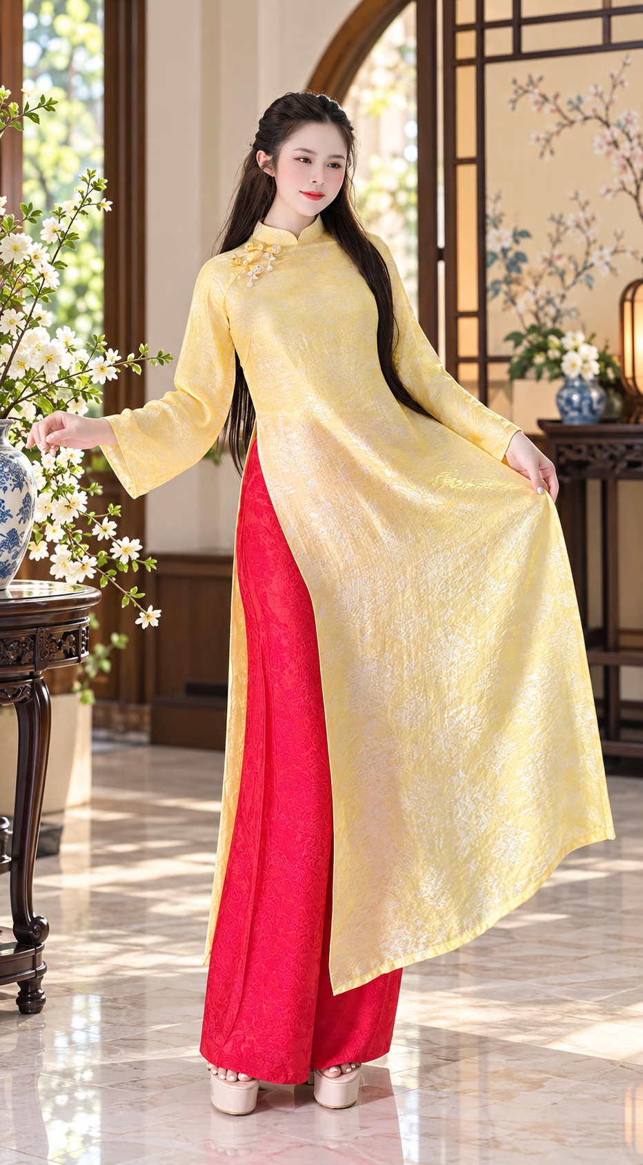 Modern Tencel Ao Dai - Yellow with Fushia pants