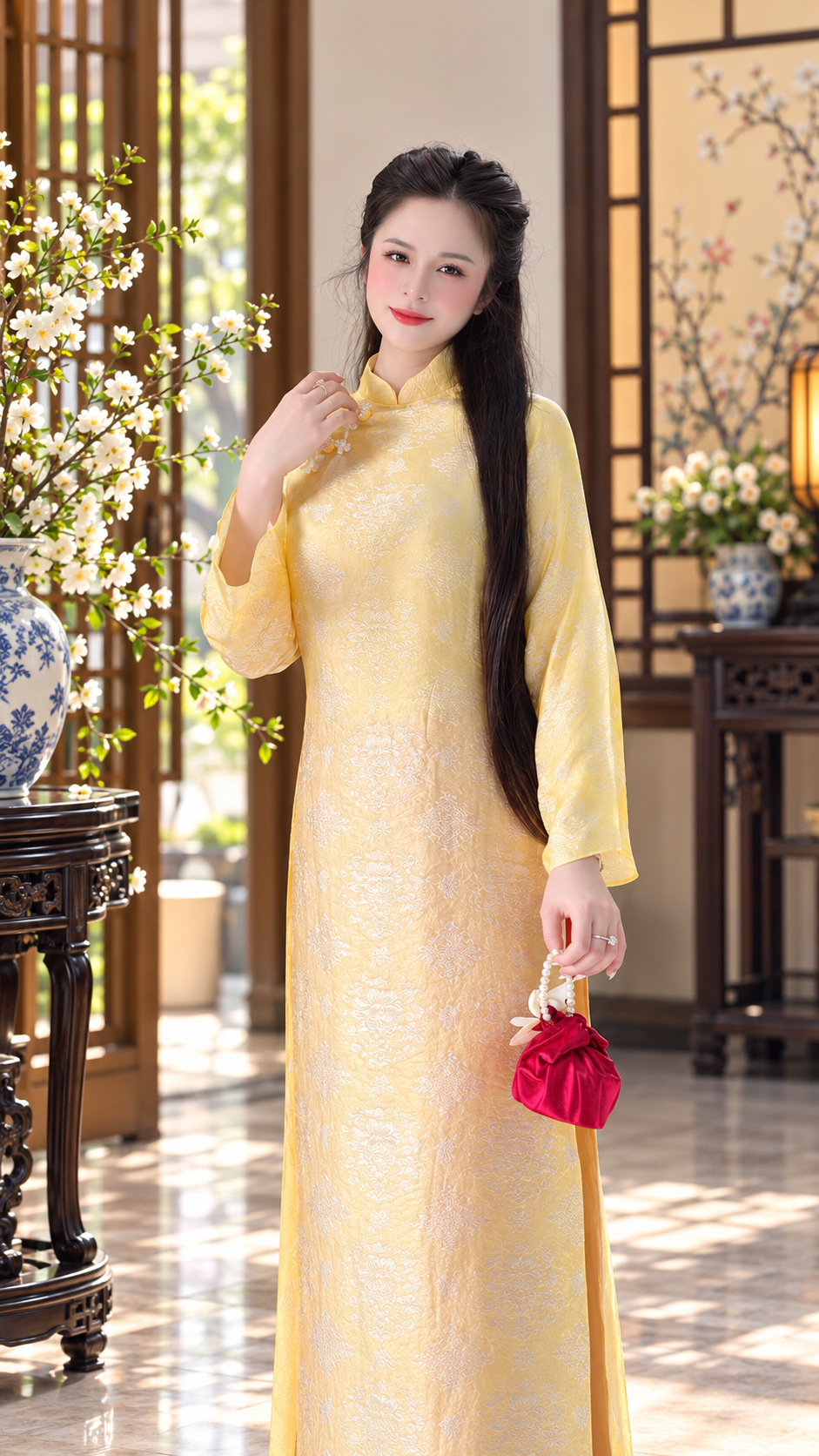Modern Tencel Ao Dai - Yellow with Fushia pants